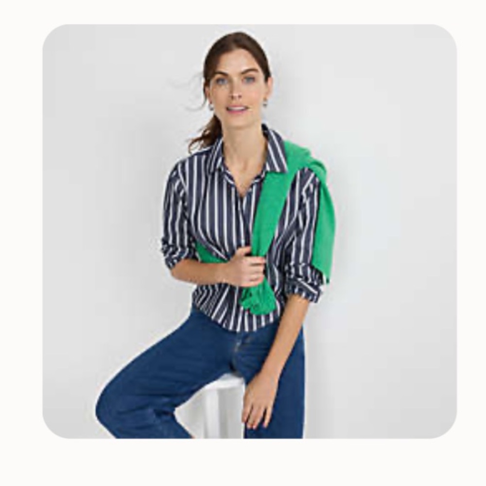 Lands End Navy and White Striped No Iron Boxed Cropped Shirt - L